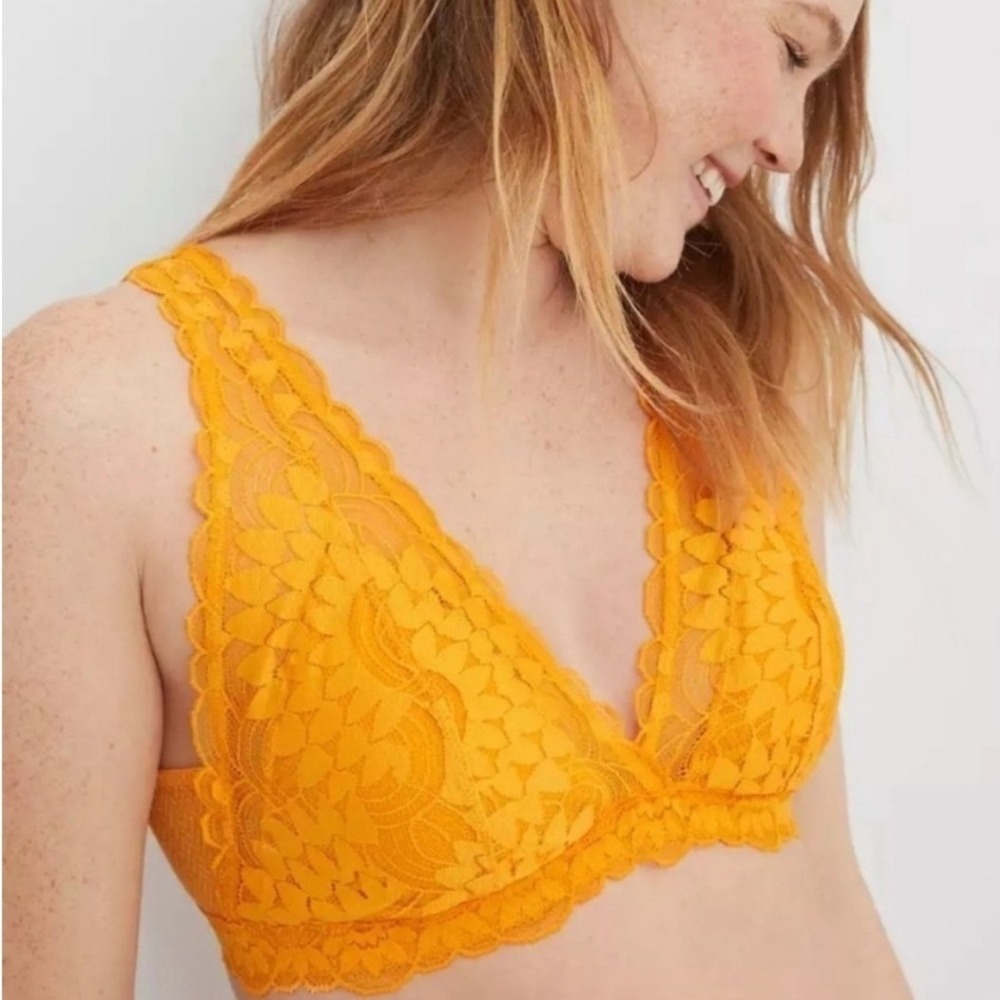 Aerie Adventure Lace Padded Plunge Bralette XXL Marigold Removable Cups Coquette